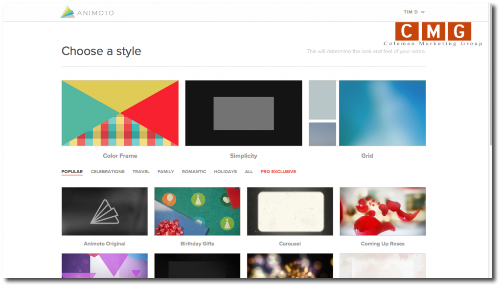 Coose a style for Animoto from the Coleman Marketing Group LLC
