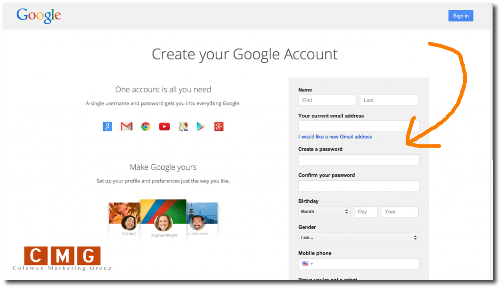 google and youtube signup form